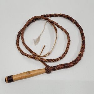 Vintage 6ft Braided Leather Brown Bull Whip With Wooden Handle Mexico